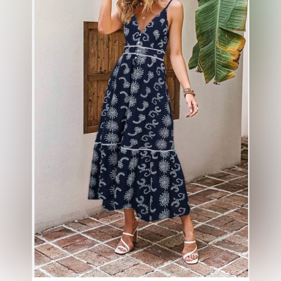 Simplee Allover Print Ruffle Hem Cami Dress Blue White XL - Picture 4 of 13